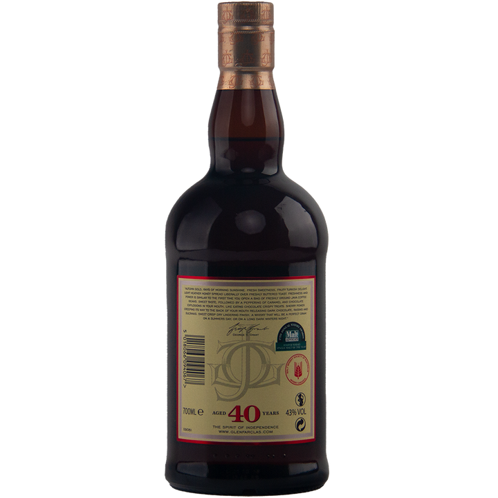 A dark brown bottle of Glenfarclas 40 Year Old Single Malt Scotch Whisky is shown from the back, displaying gold and red labels with text, a barcode, a bold "40 Years" at the bottom, and a cap sealed in gold foil.