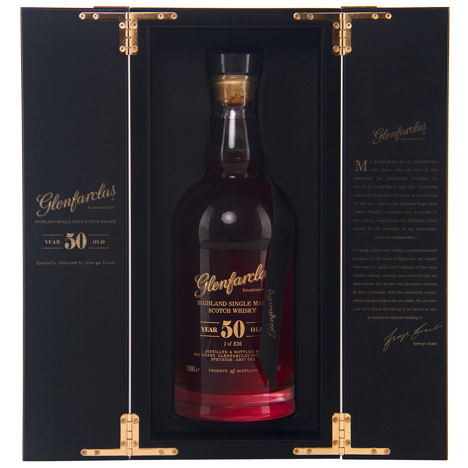 A bottle of Glenfarclas 50 Year Old Single Malt Scotch Whisky, displayed upright in an open black and gold box with gold hinges and inner text, highlighting this exceptional sherried single malt.