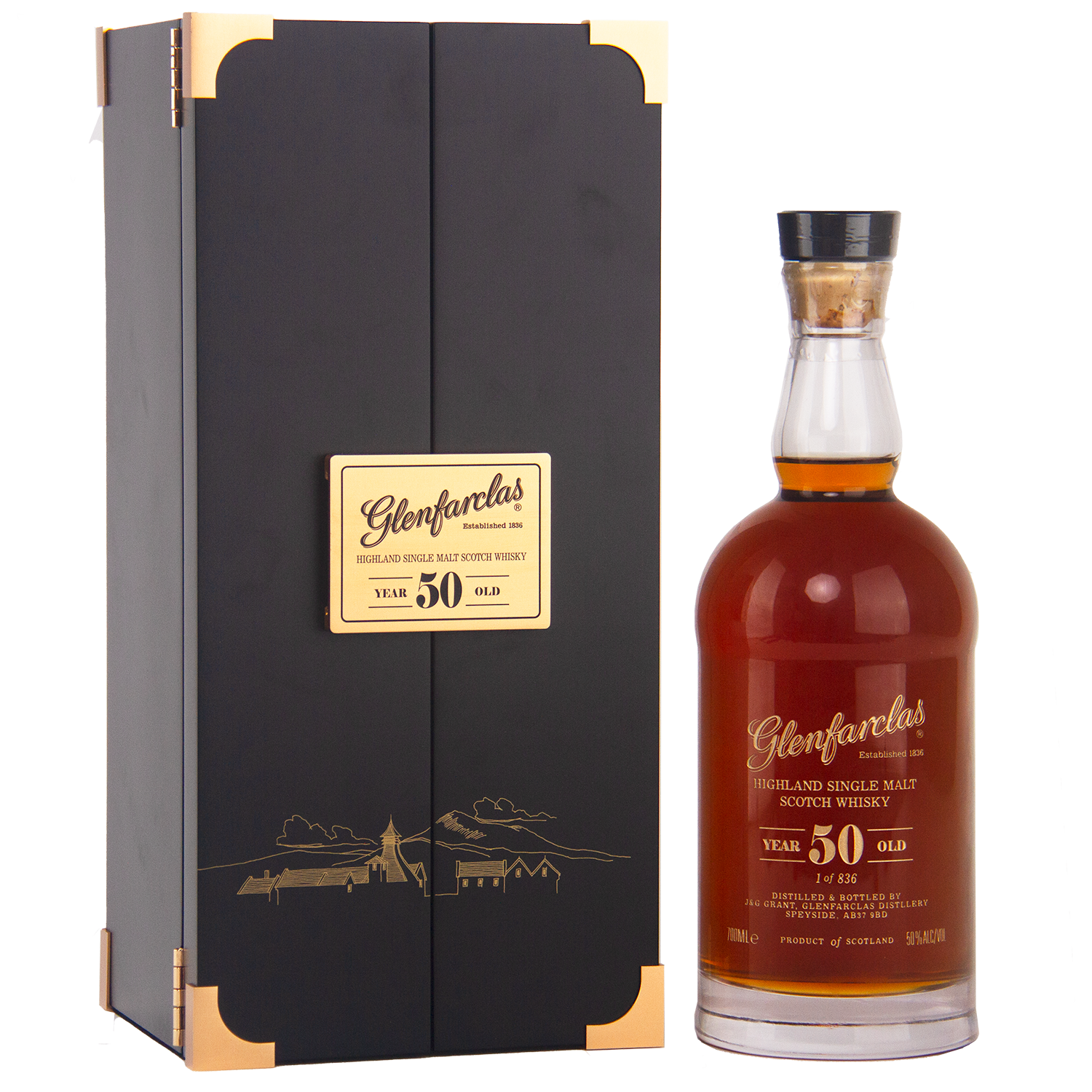 A bottle of Glenfarclas 50 Year Old Single Malt Scotch Whisky stands beside its black and gold box, both adorned with gold Glenfarclas labels—an iconic sherried single malt.