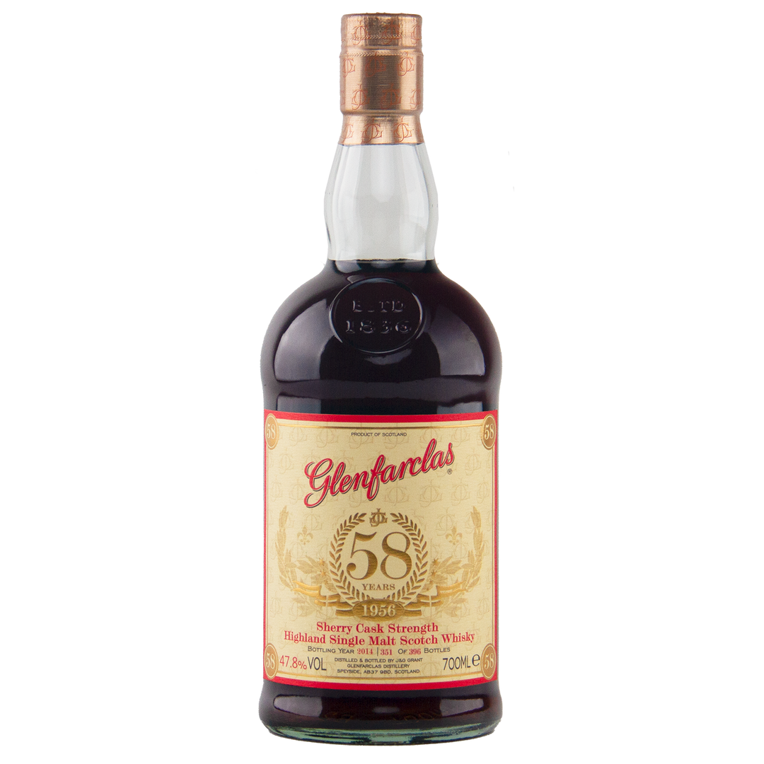 A dark brown bottle of Glenfarclas 1956 58 Year Old Sherry Cask Strength Highland single malt Scotch whisky (700ml, 47.8% ABV), with a cream and gold "58" label, sherry cask matured.