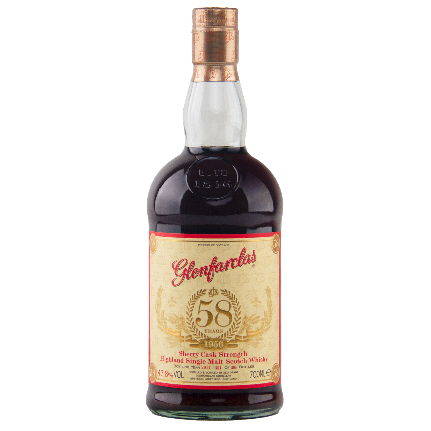 A dark brown bottle of Glenfarclas 1956 58 Year Old Sherry Cask Strength Highland single malt Scotch whisky (700ml, 47.8% ABV), with a cream and gold "58" label, sherry cask matured.