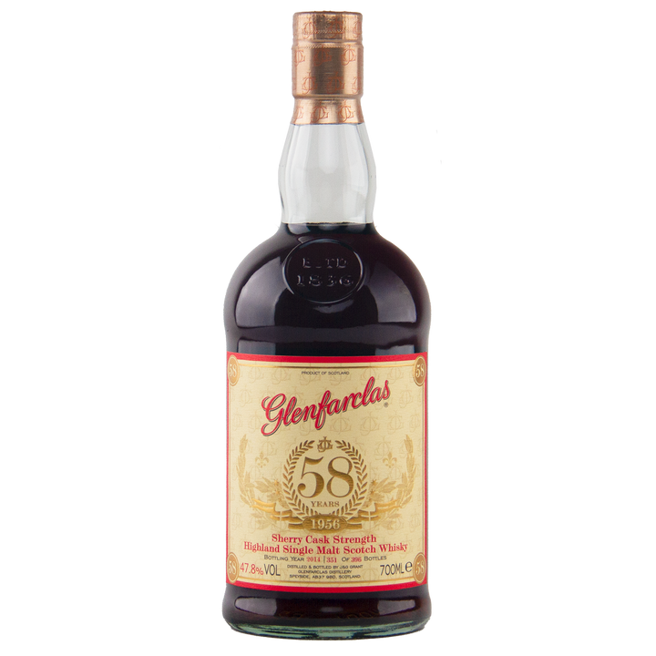 A dark brown bottle of Glenfarclas 1956 58 Year Old Sherry Cask Strength Highland single malt Scotch whisky (700ml, 47.8% ABV), with a cream and gold "58" label, sherry cask matured.
