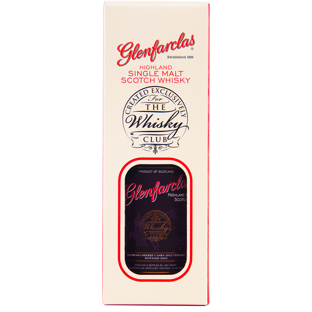 A cream-colored box with red and black text displays Glenfarclas Oloroso Sherry Casks 2012 Vintage, a fine Speyside single malt Scotch whisky, featuring a window revealing the bottle.
