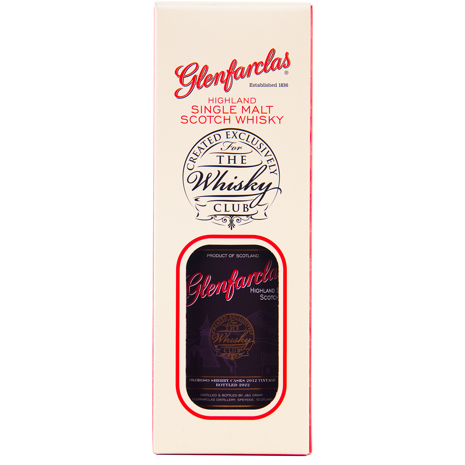 A cream-colored box with red and black text displays Glenfarclas Oloroso Sherry Casks 2012 Vintage, a fine Speyside single malt Scotch whisky, featuring a window revealing the bottle.