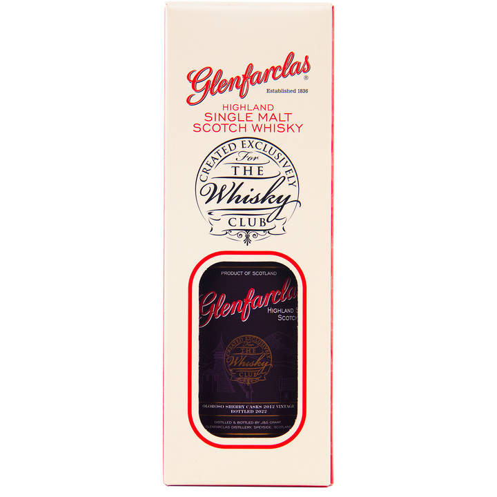 A cream-colored box with red and black text displays Glenfarclas Oloroso Sherry Casks 2012 Vintage, a fine Speyside single malt Scotch whisky, featuring a window revealing the bottle.