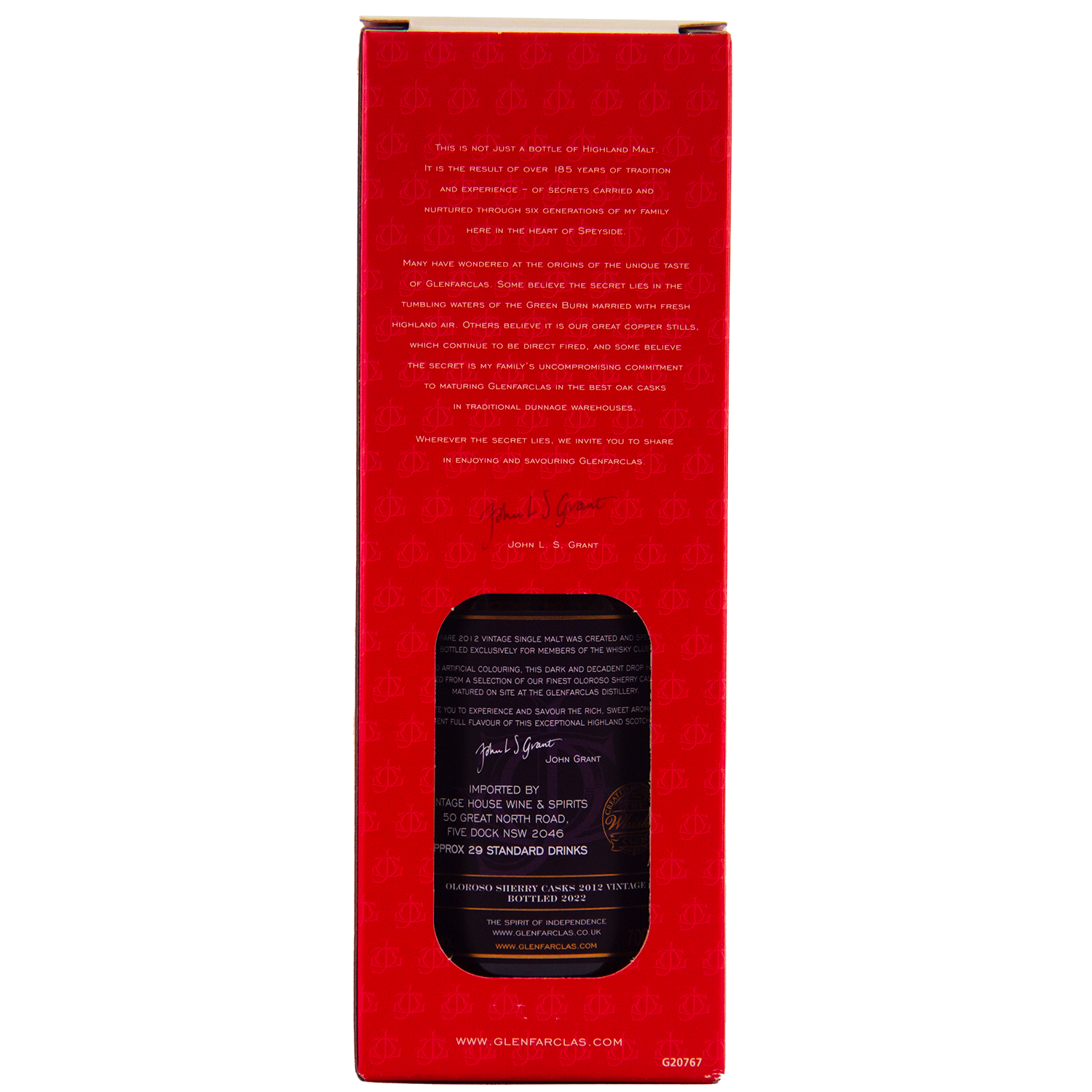 A red box with a cut-out window displays the Glenfarclas Oloroso Sherry Casks 2012 Vintage bottle. Gold and white text, a signature, and subtle patterns accentuate this Speyside single malt whisky packaging.