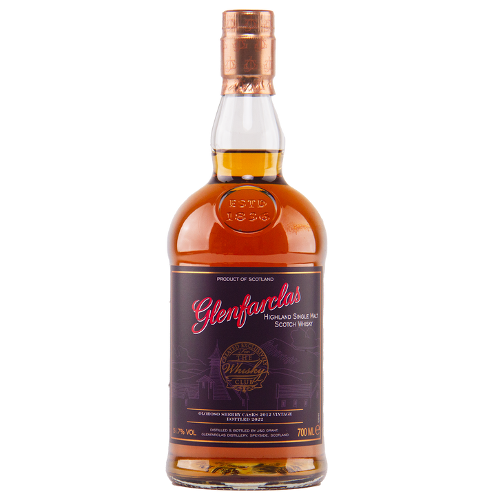 A 700ml bottle of Glenfarclas Oloroso Sherry Casks 2012 Vintage, a premium Speyside single malt matured in Oloroso sherry casks, features a dark purple and gold label with a copper-colored cap.