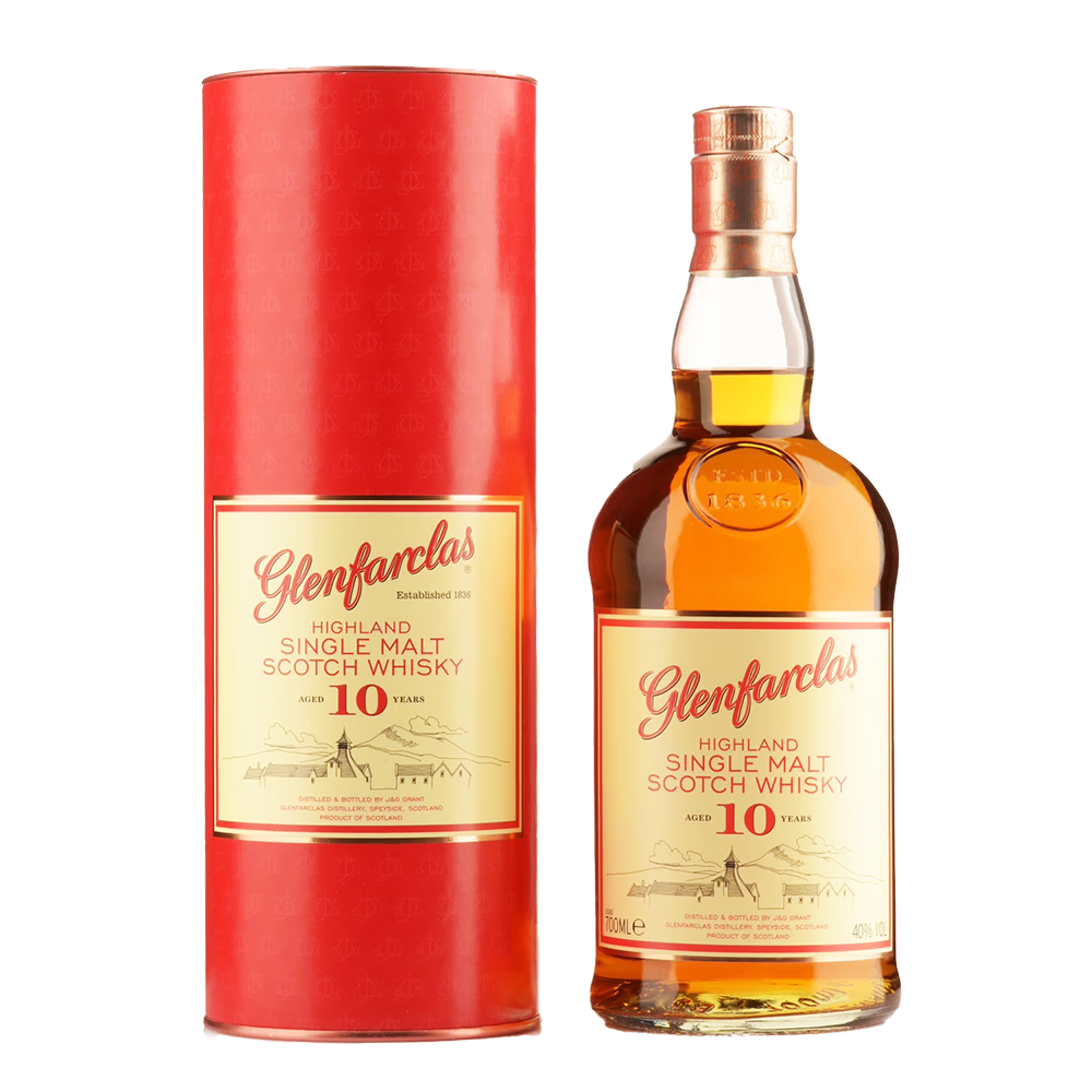 A bottle of Glenfarclas 10 Year Old Single Malt Scotch Whisky stands beside its red cylindrical box, both with cream and gold labels featuring red lettering and emphasizing its sherry cask maturation.
