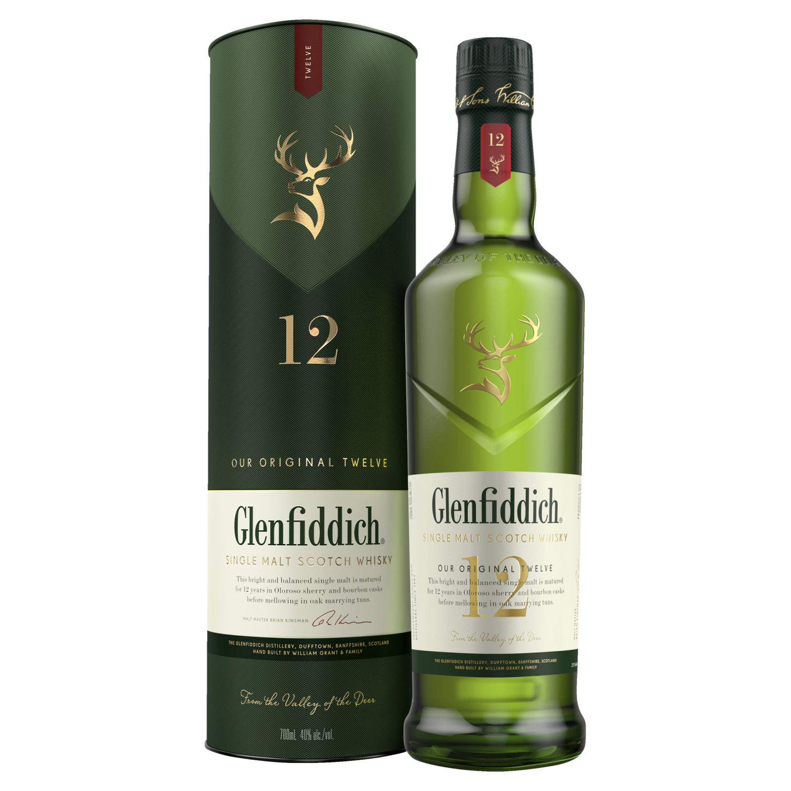 A green bottle of Glenfiddich 12 Year Old Single Malt Scotch Whisky stands beside its matching cylindrical box, both adorned with gold lettering and a stag logo.
