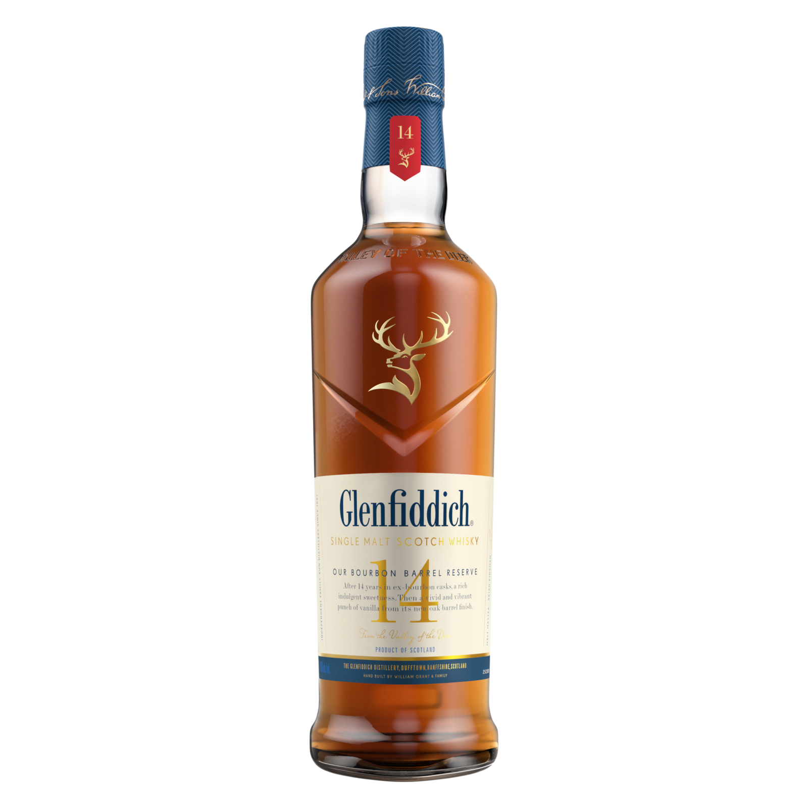 A bottle of Glenfiddich 14 Year Old Bourbon Barrel Reserve Single Malt Scotch Whisky with a blue cap, gold stag logo, cream label, and red and gold accents highlighting its bourbon barrel reserve.