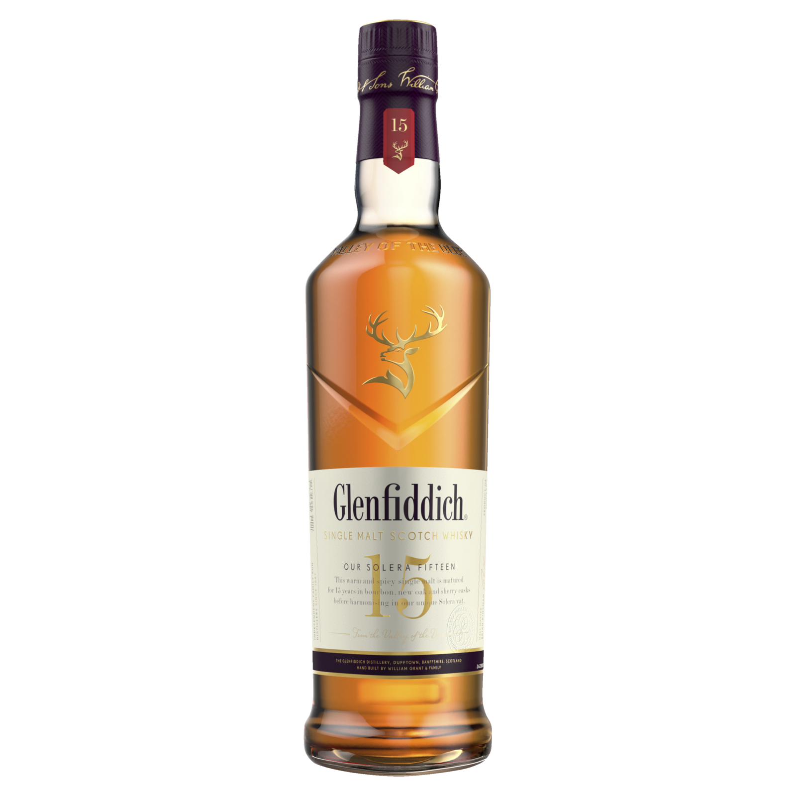 A bottle of Glenfiddich 15 Year Old Solera Reserve Single Malt Scotch Whisky featuring a maroon cap, gold stag logo, and cream-colored label displaying the brand and age.