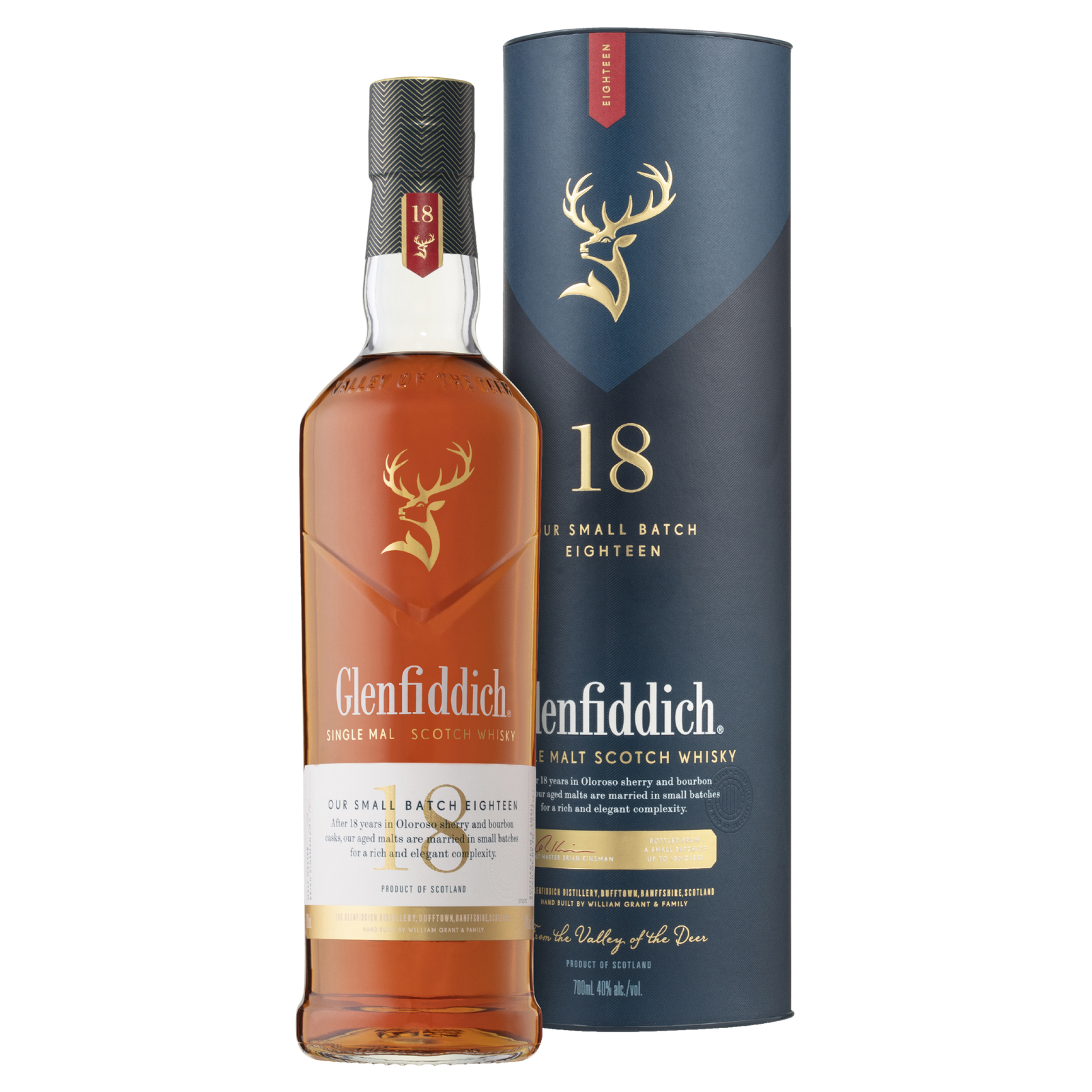 Glenfiddich 18 Year Old Single Malt Scotch Whisky stands beside its tall, dark blue cylindrical box, both displaying the iconic stag logo and gold text to showcase this premium single malt scotch.