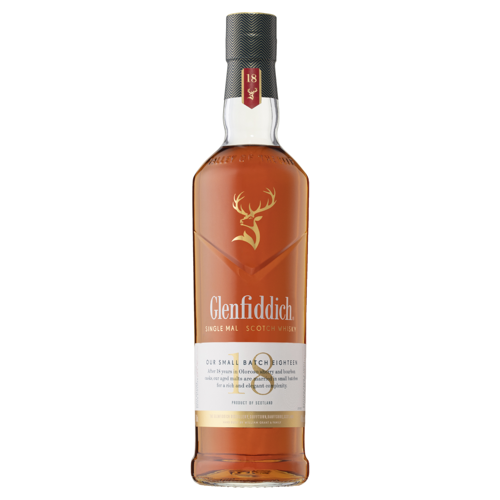 A bottle of Glenfiddich 18 Year Old Single Malt Scotch Whisky, displaying its amber liquid, stag logo, and white-gold label, photographed against a plain white background.