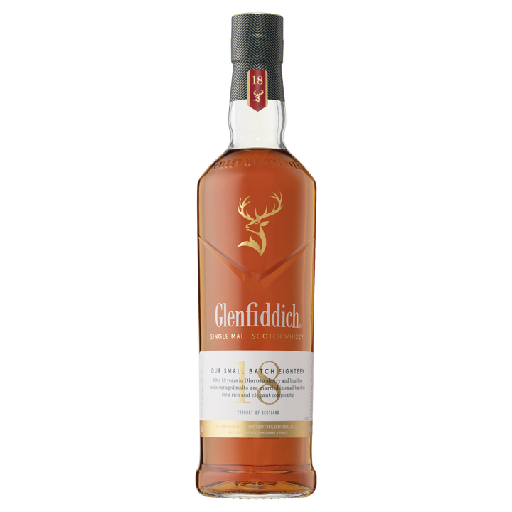 A bottle of Glenfiddich 18 Year Old Single Malt Scotch Whisky, displaying its amber liquid, stag logo, and white-gold label, photographed against a plain white background.