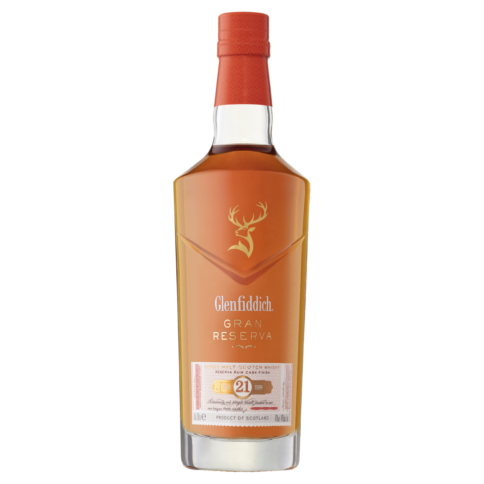 A bottle of Glenfiddich 21 Year Old Gran Reserva Single Malt Scotch Whisky, finished in Caribbean rum casks, featuring a red cap, gold stag logo, and a white-and-gold label on a clear background.