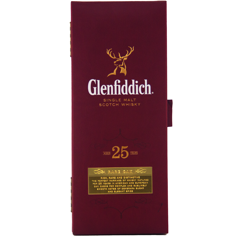 A maroon box with gold text and a stag logo, labeled Glenfiddich 25 Year Old Rare Oak Single Malt Scotch Whisky. This elegant packaging highlights the premium quality and sophistication of this renowned Speyside single malt.
