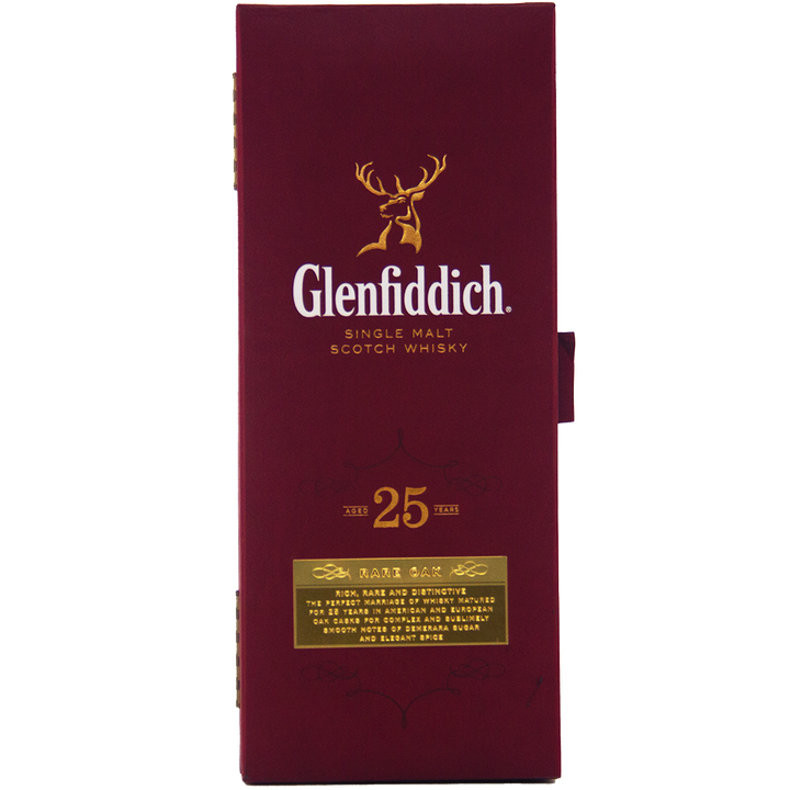 A maroon box with gold text and a stag logo, labeled Glenfiddich 25 Year Old Rare Oak Single Malt Scotch Whisky. This elegant packaging highlights the premium quality and sophistication of this renowned Speyside single malt.