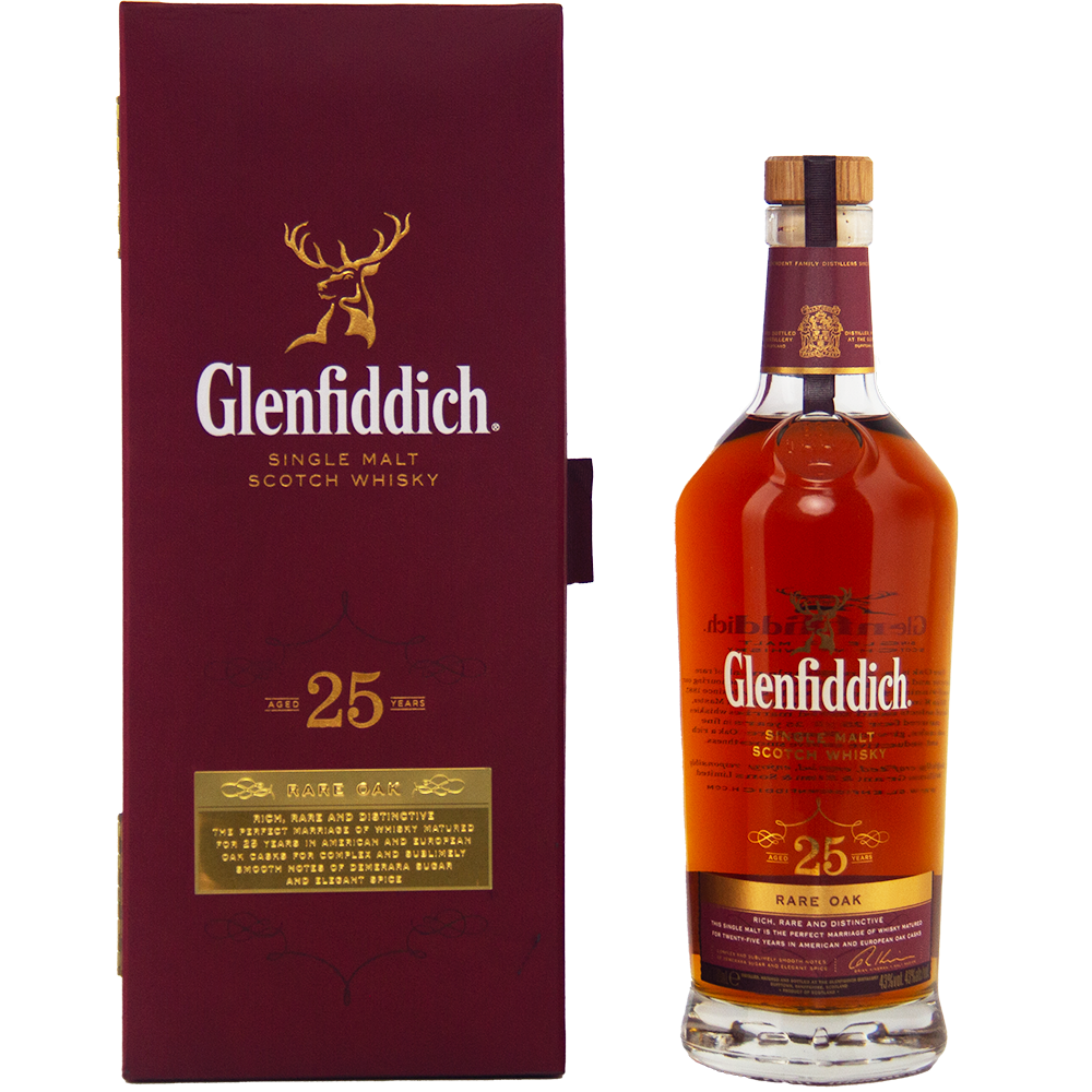 A bottle of Glenfiddich 25 Year Old Rare Oak Single Malt Scotch Whisky rests beside its maroon box, featuring gold lettering and the stag logo, showcasing the distinguished age and rarity of this exceptional Speyside whisky.