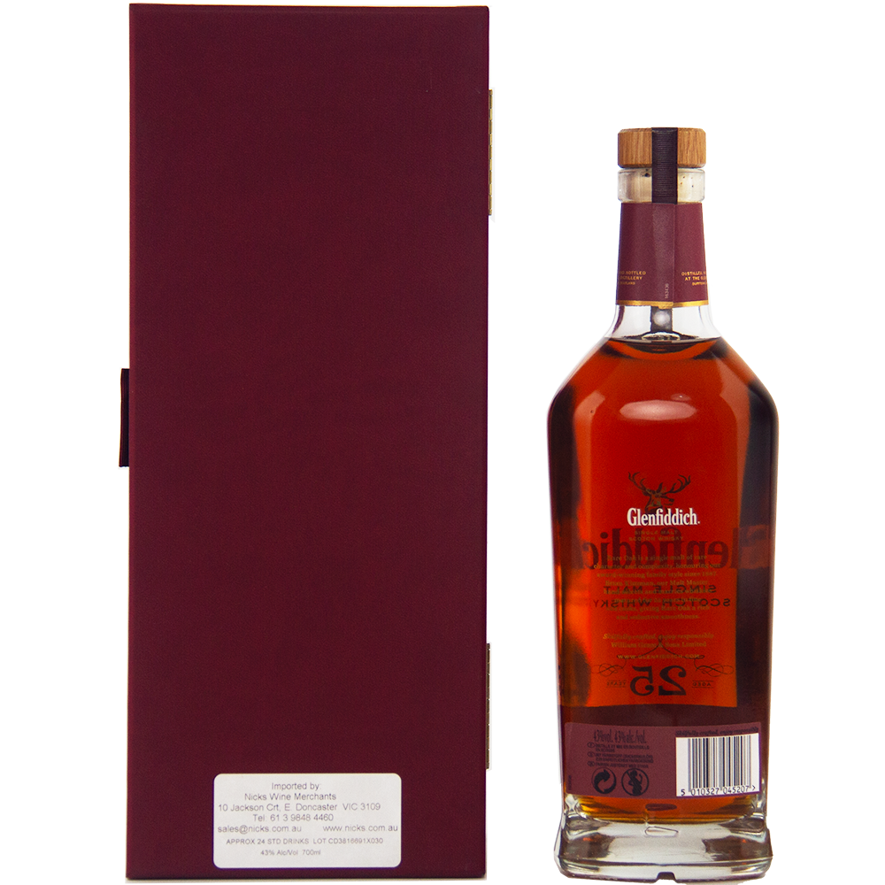 A bottle of Glenfiddich 25 Year Old Rare Oak Single Malt Scotch Whisky with a rich amber hue stands beside its tall, burgundy Speyside box. The bottle has a cork stopper and detailed gold labeling.