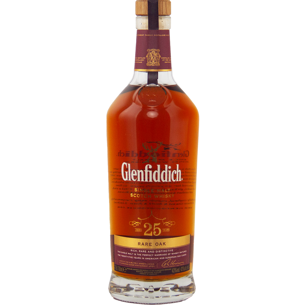A bottle of Glenfiddich 25 Year Old Rare Oak Single Malt Scotch Whisky with a maroon and gold label, wooden cap, and amber liquid, set against a white background—a refined Speyside single malt.