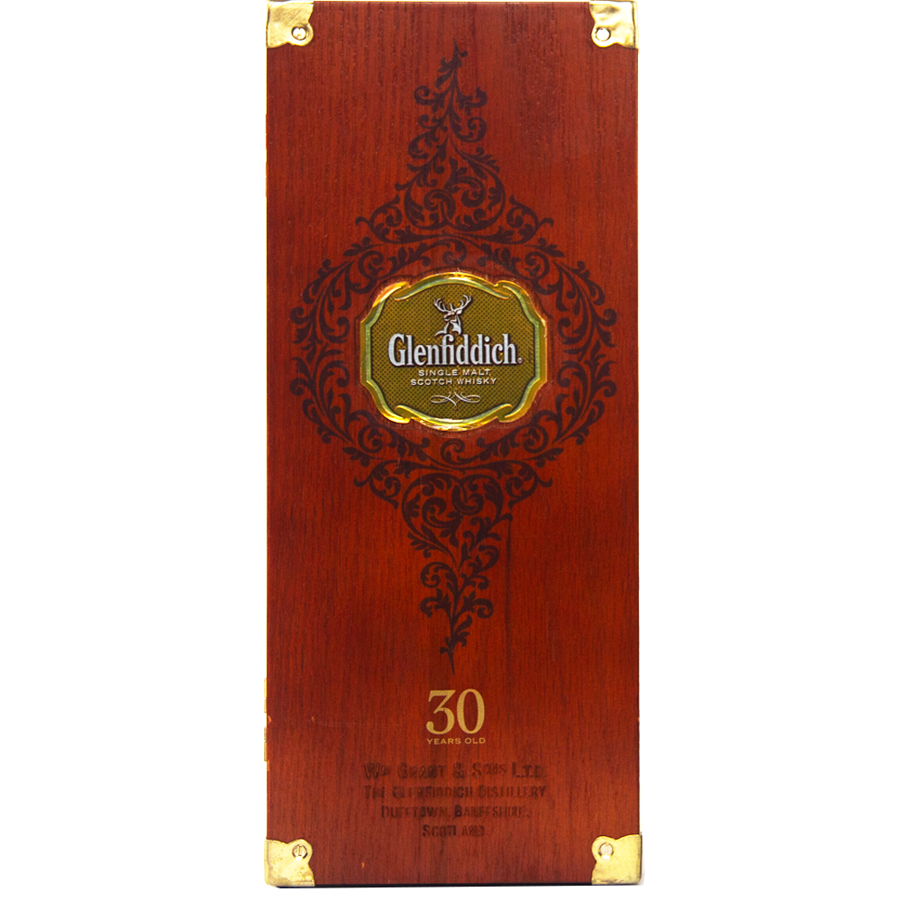 A rectangular wooden box with gold accents and ornate black designs, featuring the Glenfiddich 30 Year Old Single Malt Scotch Whisky logo in the center and “30 Years Old” displayed near the bottom.