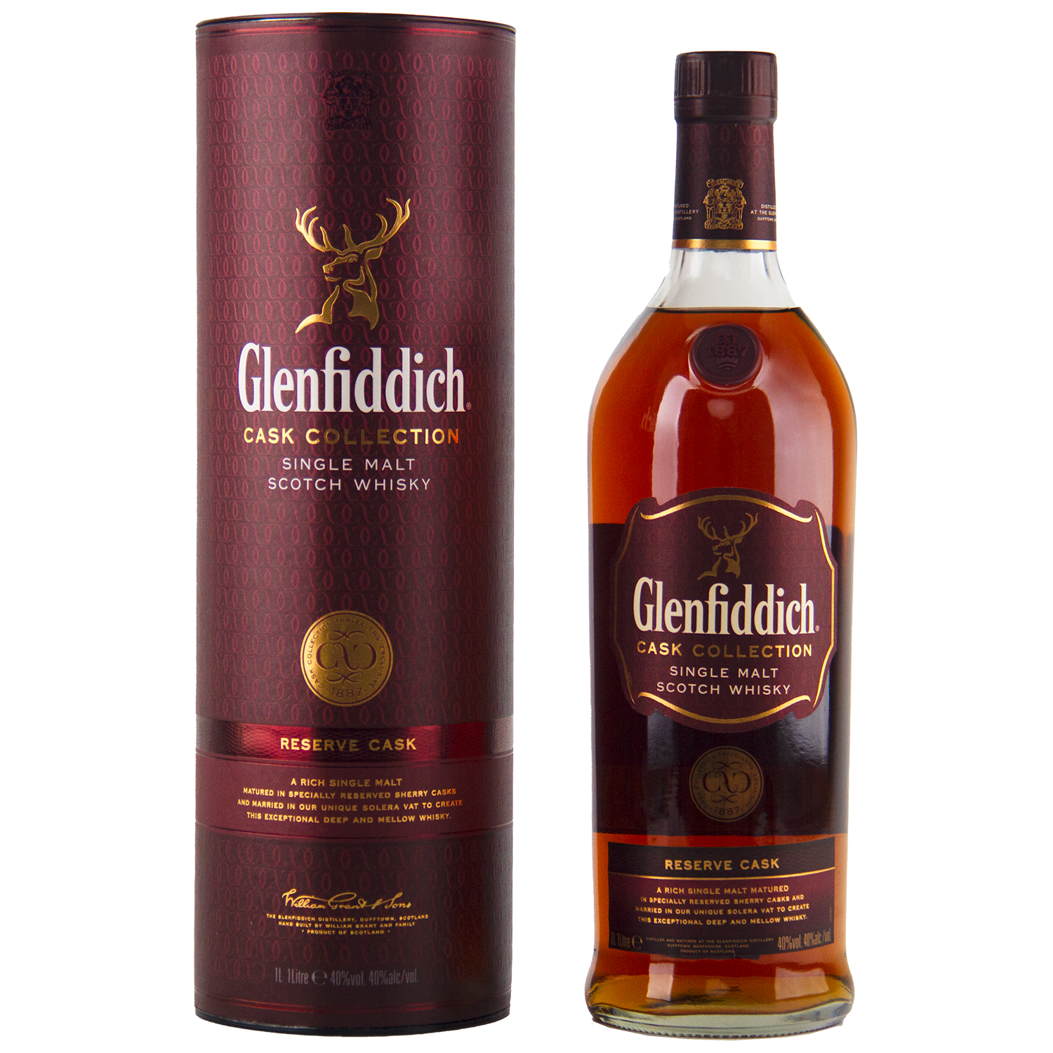 A bottle of Glenfiddich Cask Collection Reserve Cask Single Malt Scotch Whisky stands beside its maroon cylindrical box, both adorned with gold and orange accents and a stag logo—crafted using Solera vat maturation for exceptional depth.