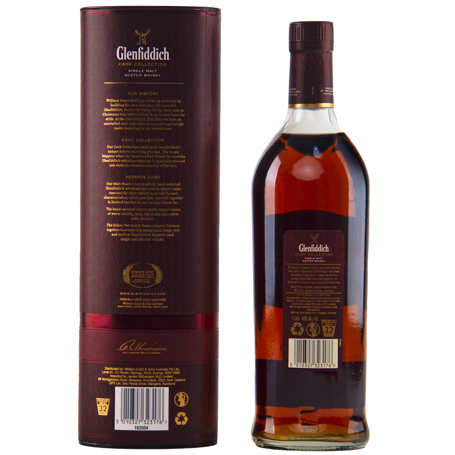 A Glenfiddich Cask Collection Reserve Cask Single Malt Scotch Whisky is shown with its matching dark red cylindrical box, both decorated with gold and white text and details, set against a plain background.