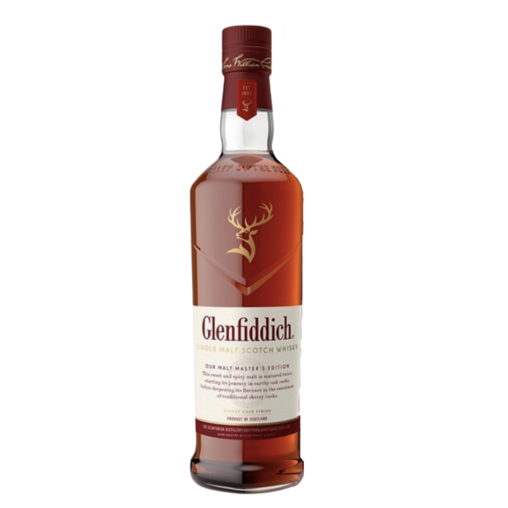 A bottle of Glenfiddich Malt Masters Edition Single Malt Scotch Whisky, with a red cap, stag logo, and white label with gold and red text, showcases this double-matured Speyside single malt against a plain white background.