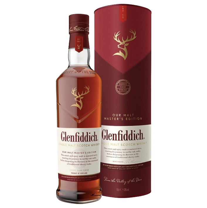 A bottle of Glenfiddich Malt Masters Edition Single Malt Scotch Whisky stands beside its maroon cylindrical box, both displaying gold stag logos and white labels with red and gold text.