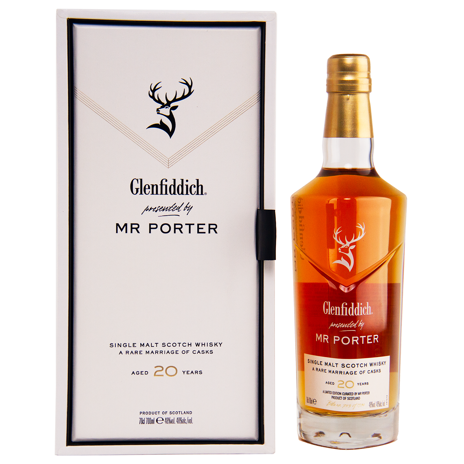 The Glenfiddich Mr. Porter 20 Year Old Single Malt Scotch Whisky stands next to its sleek white and black box featuring the Glenfiddich logo and branding.