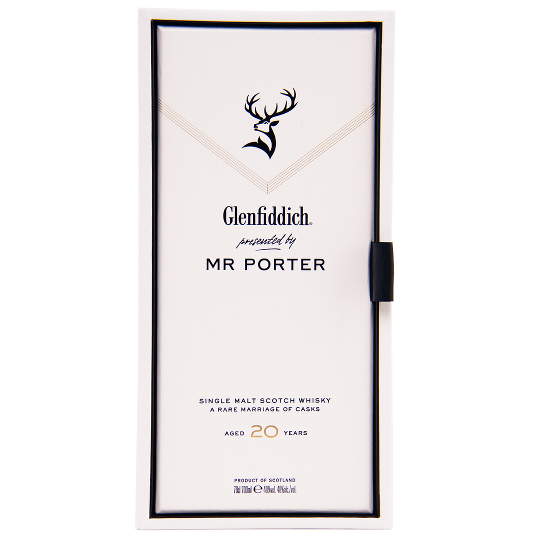 A rectangular white box with the Glenfiddich logo and “presented by MR PORTER,” containing Glenfiddich Mr. Porter 20 Year Old Single Malt Scotch Whisky, labeled “A Rare Marriage of Casks, Aged 20 Years.”.