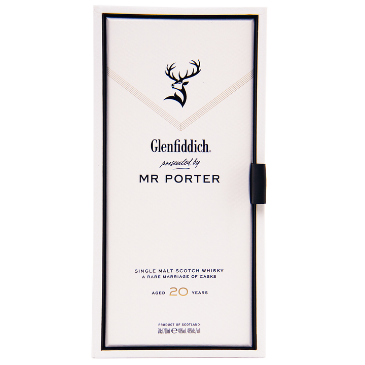 A rectangular white box with the Glenfiddich logo and “presented by MR PORTER,” containing Glenfiddich Mr. Porter 20 Year Old Single Malt Scotch Whisky, labeled “A Rare Marriage of Casks, Aged 20 Years.”.