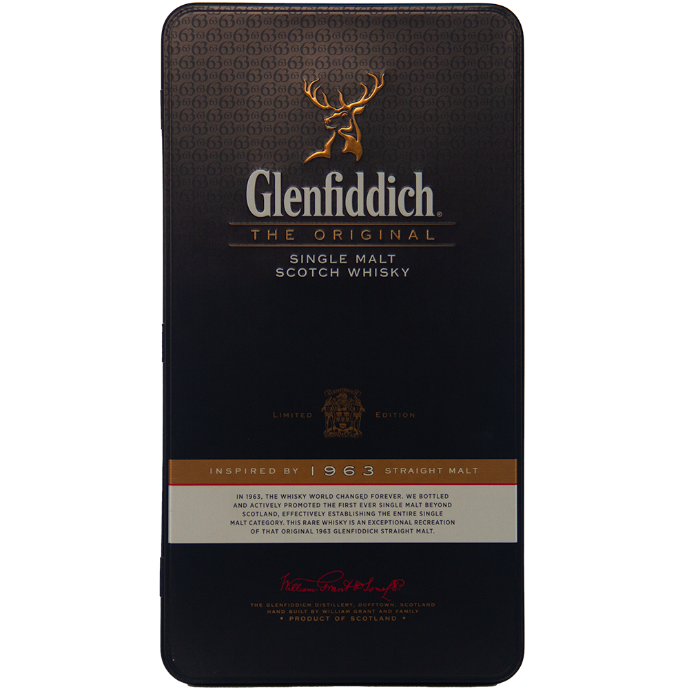 A limited edition black rectangular tin of Glenfiddich The Original Single Malt Scotch Whisky features gold and white text, a stag logo, and highlights its inspiration from the 1963 release.