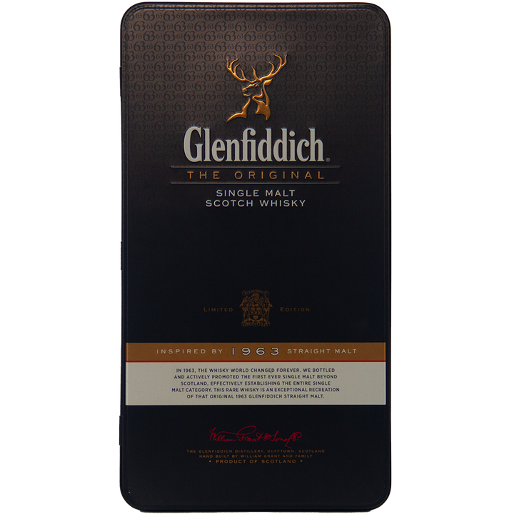 A limited edition black rectangular tin of Glenfiddich The Original Single Malt Scotch Whisky features gold and white text, a stag logo, and highlights its inspiration from the 1963 release.