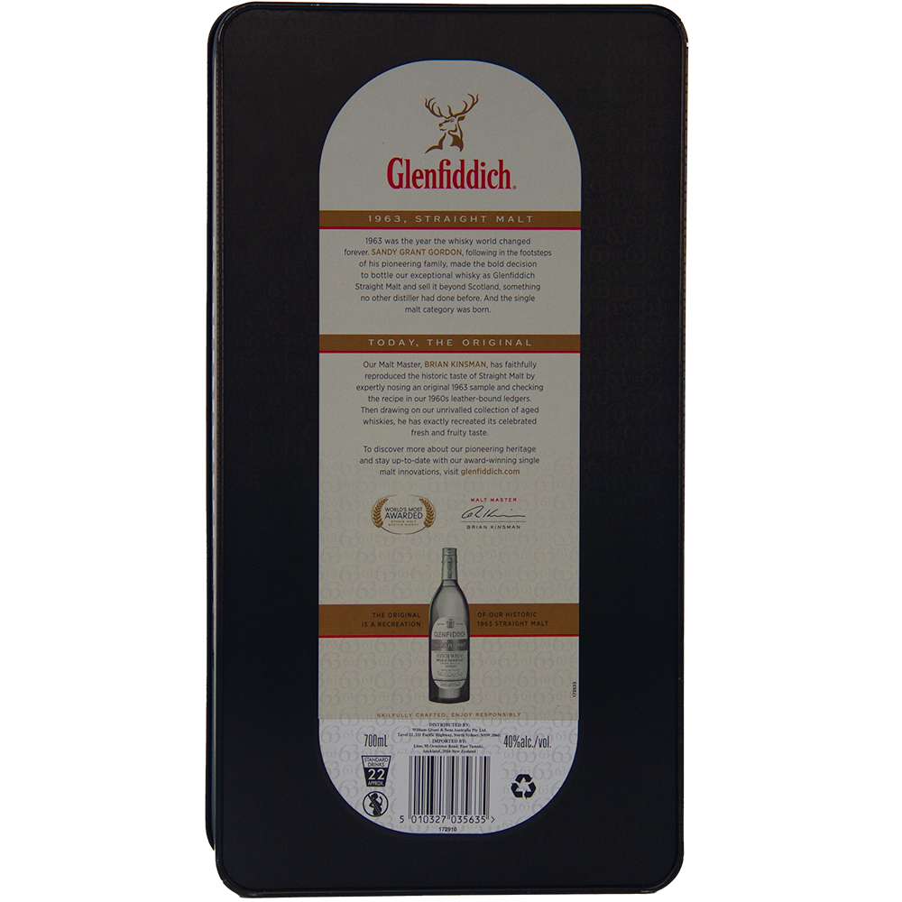 Rectangular tin for Glenfiddich The Original Single Malt Scotch Whisky, featuring a stag logo, brand history, bottle image, awards, and brown and gold text.