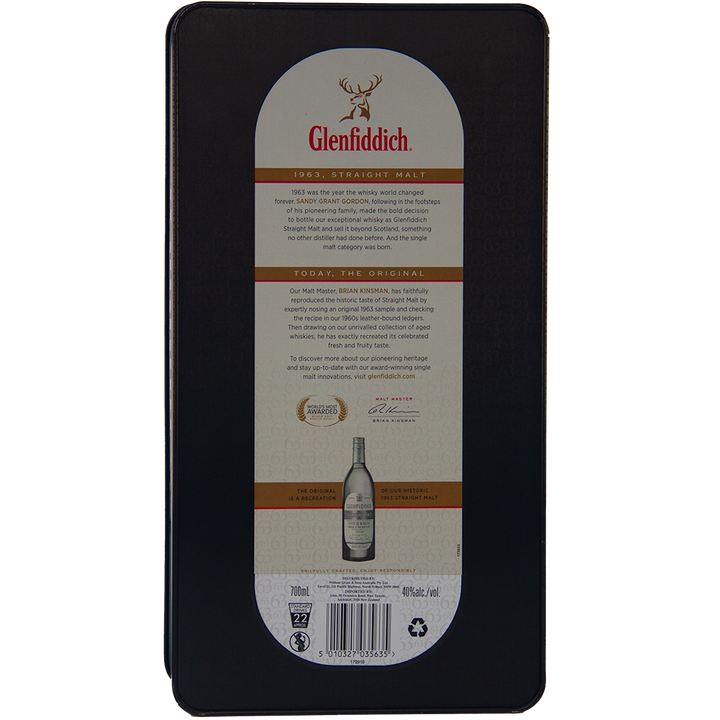 Rectangular tin for Glenfiddich The Original Single Malt Scotch Whisky, featuring a stag logo, brand history, bottle image, awards, and brown and gold text.