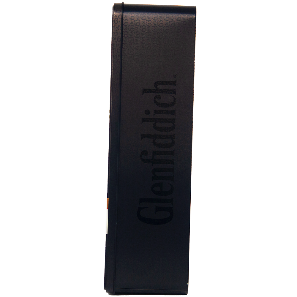 A black rectangular box viewed side-on, featuring "Glenfiddich The Original Single Malt Scotch Whisky" embossed vertically—a striking limited edition presentation.