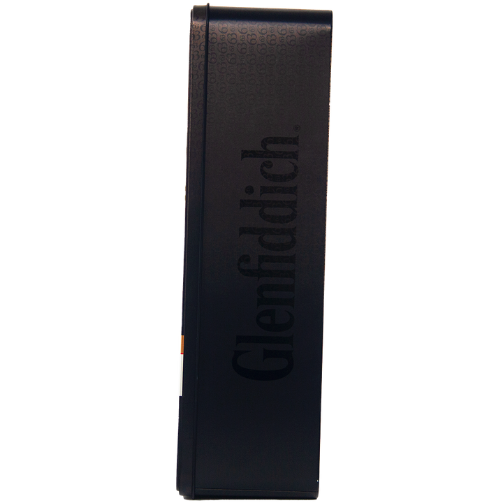 A black rectangular box viewed side-on, featuring "Glenfiddich The Original Single Malt Scotch Whisky" embossed vertically—a striking limited edition presentation.
