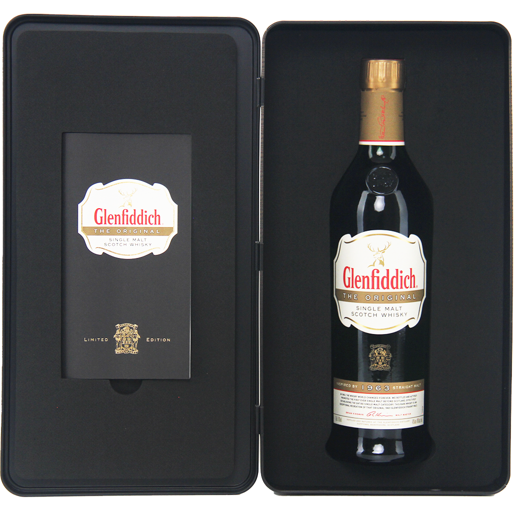 A sleek black gift box featuring Glenfiddich The Original Single Malt Scotch Whisky with a white and gold label, paired with a booklet. This limited edition set comes in custom packaging for an elegant presentation.