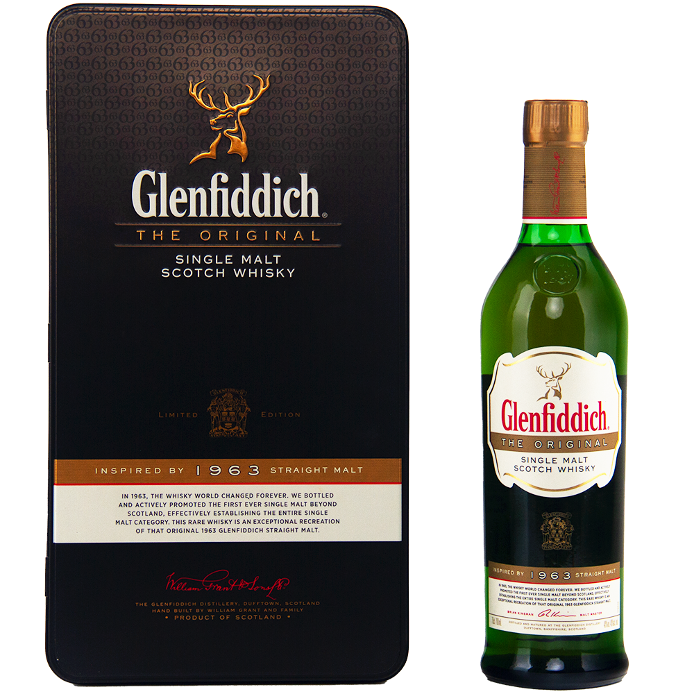 A bottle of Glenfiddich The Original Single Malt Scotch Whisky stands beside its black rectangular box, both adorned with gold and white labels and detailing, featuring "1963 Straight Malt" prominently.