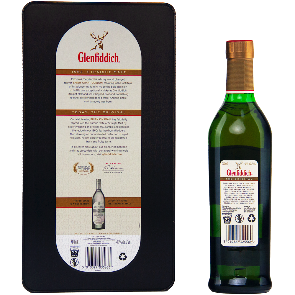 A bottle of Glenfiddich The Original Single Malt Scotch Whisky stands next to its sleek black box, displaying detailed product info and the iconic stag logo. This limited edition release pays tribute to Glenfiddich’s classic heritage.