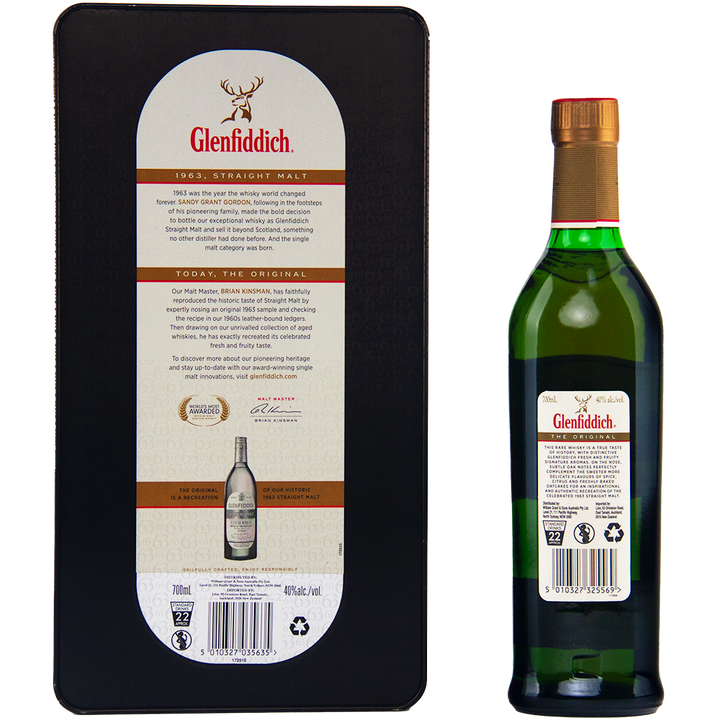 A bottle of Glenfiddich The Original Single Malt Scotch Whisky stands next to its sleek black box, displaying detailed product info and the iconic stag logo. This limited edition release pays tribute to Glenfiddich’s classic heritage.