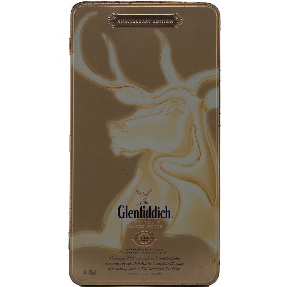 A Glenfiddich 125th Anniversary Edition Single Malt Scotch Whisky tin features an embossed stag head and logo, with "125th Anniversary Edition" text, honoring its maturation in European oak casks.