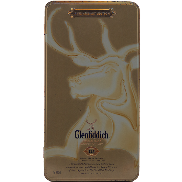 A Glenfiddich 125th Anniversary Edition Single Malt Scotch Whisky tin features an embossed stag head and logo, with "125th Anniversary Edition" text, honoring its maturation in European oak casks.
