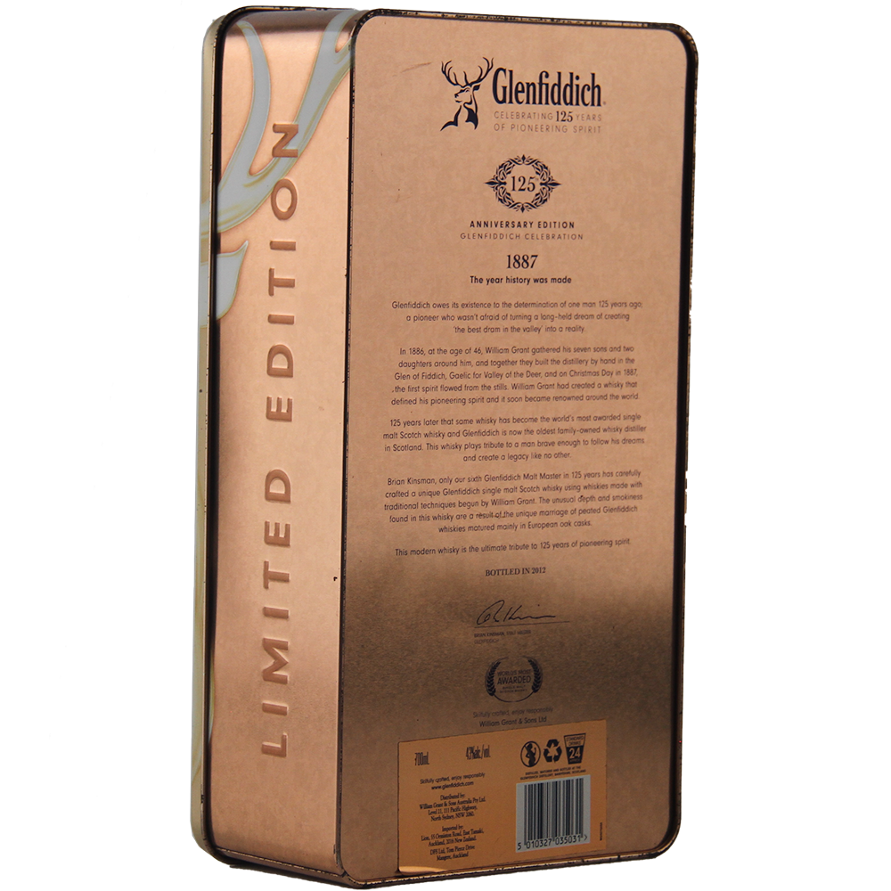 A metallic tin box of Glenfiddich 125th Anniversary Edition Single Malt Scotch Whisky, matured in European oak casks, features a stag logo, anniversary details, historical text, and "Limited Edition" written vertically.