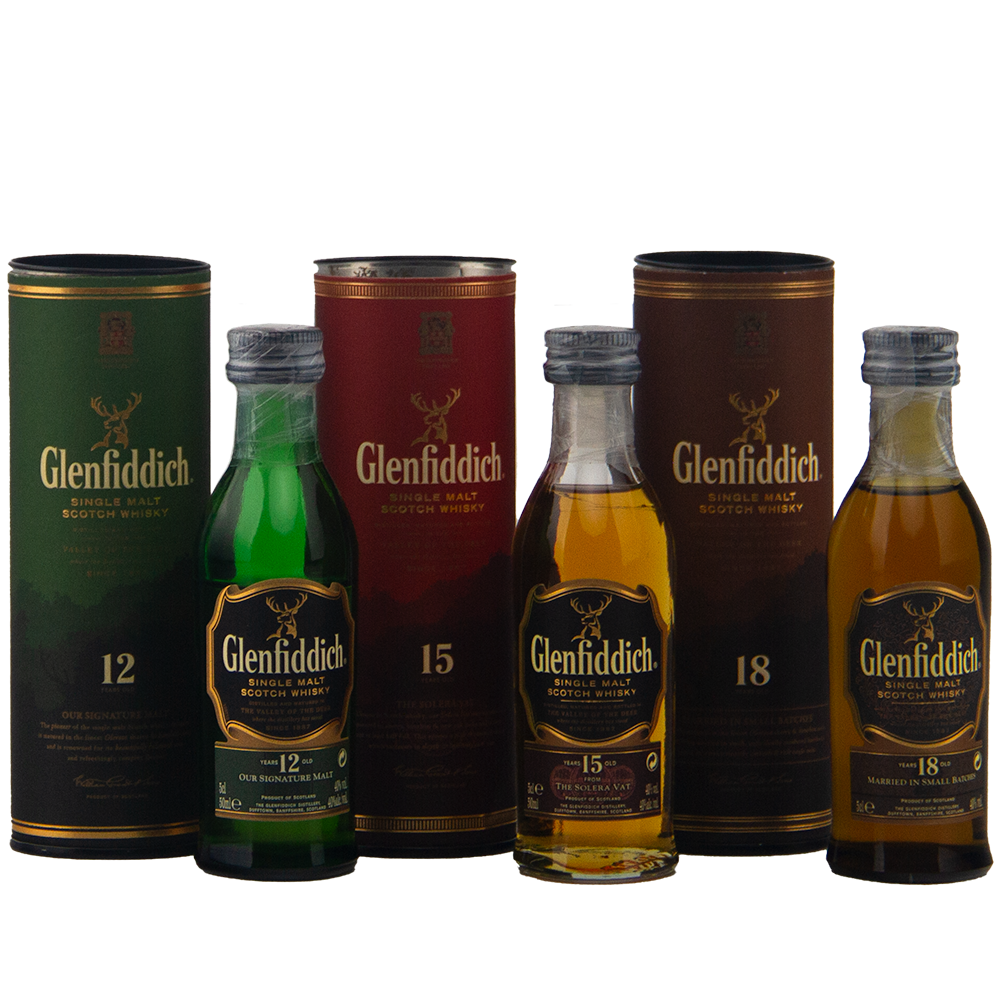 The Glenfiddich 12, 15, 18 Triple Pack Single Malt Scotch Whisky (3 x 50ml) is displayed with its matching cylindrical packaging, highlighting this elegant whisky gift set on a white background.
