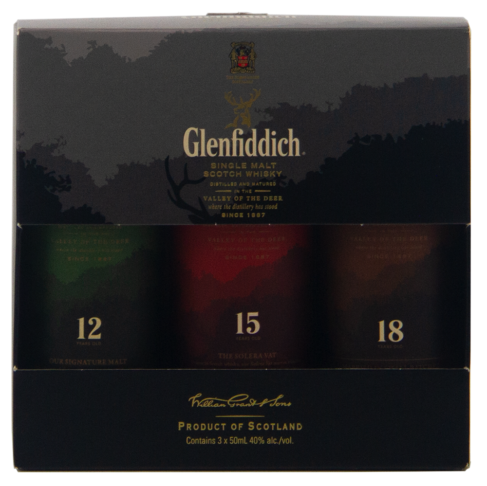 The Glenfiddich 12,15,18 Triple Pack Single Malt Scotch Whisky (3 x 50ml) features three mini bottles in a stylish box with gold, green, red, and black accents and detailed product information on the packaging.