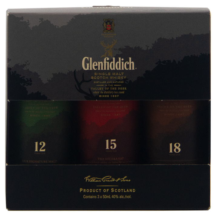 The Glenfiddich 12,15,18 Triple Pack Single Malt Scotch Whisky (3 x 50ml) features three mini bottles in a stylish box with gold, green, red, and black accents and detailed product information on the packaging.