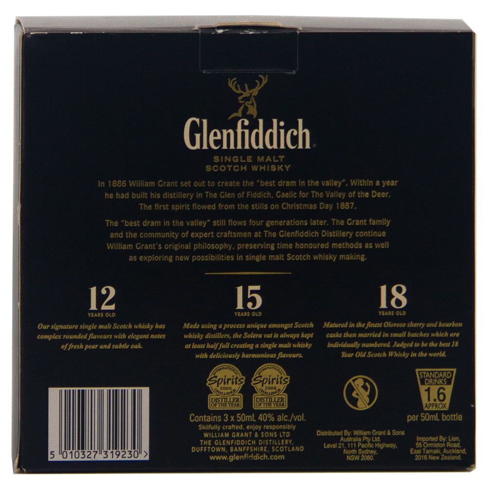 Back of a Glenfiddich 12,15,18 Triple Pack Single Malt Scotch Whisky (3 x 50ml) box displays brand logo, product details, tasting notes for each age statement, distillery history and ABV—making it an ideal premium whisky gift set.