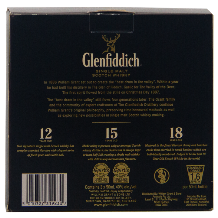 Back of a Glenfiddich 12,15,18 Triple Pack Single Malt Scotch Whisky (3 x 50ml) box displays brand logo, product details, tasting notes for each age statement, distillery history and ABV—making it an ideal premium whisky gift set.